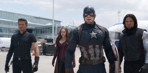 THE FIRST AVENGER - CIVIL WAR Copyright Marvel 2016 L to R: Hawkeye/Clint Barton (Jeremy Renner), Scarlet Witch/Wanda Maximoff (Elizabeth Olsen), Captain America/Steve Rogers (Chris Evans), and Winter Soldier/Bucky Barnes (Sebastian Stan) Photo Credit: Film Frame © Marvel 2016