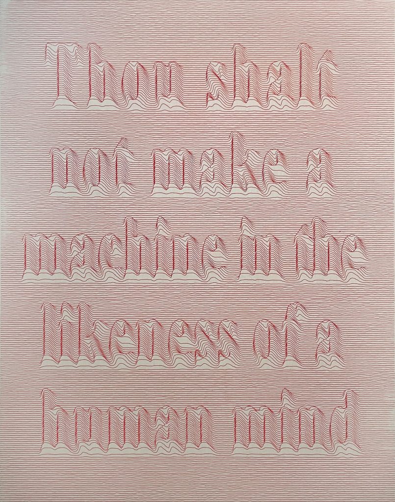 Arno Beck, Thou shalt not make a machine in the likeness of a human mind, 2024, Ölfarbe auf Baumwolle / Plotterzeichnung, 140 x 110 cm © Arno Beck