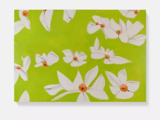 Gemaelde mit weissen Blüten auf gelbgruenem Grund, orange Blütenstempel, Oel auf Leinwand