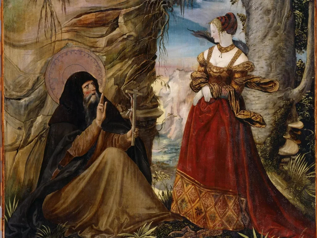 Altmeisterliches Tafelbild: kniender Heiliger mit Heiligenschein und Kreuz vor elegant gekleideter Dame in Felslandschaft