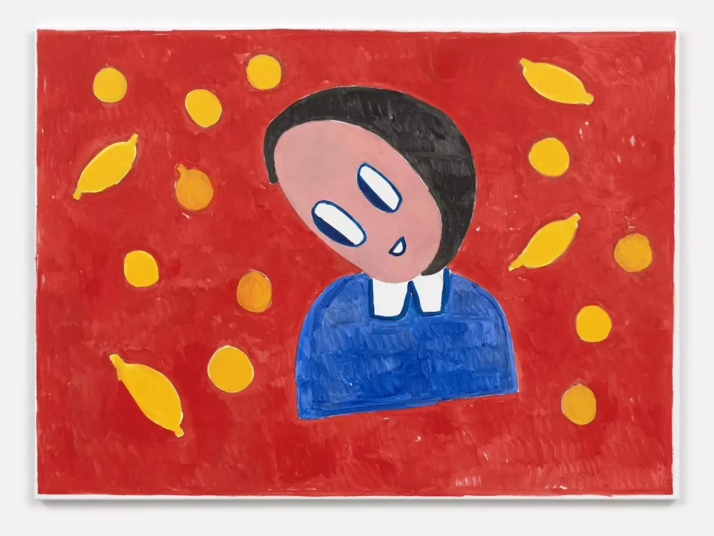 Gemaelde: stilisierte Figur in Blau auf leuchtendem Rotgrund, umgeben von gelben Zitronen und Kreisen, Oel auf Leinwand