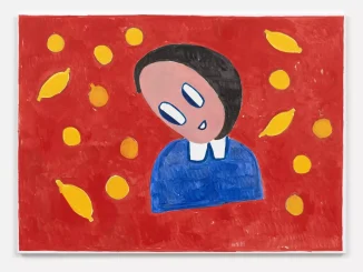 Gemaelde: stilisierte Figur in Blau auf leuchtendem Rotgrund, umgeben von gelben Zitronen und Kreisen, Oel auf Leinwand