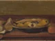 Stillleben mit dekoriertem Keramikteller, Birnen, Knoblauch und Orange, Ölgemälde in Erdtönen