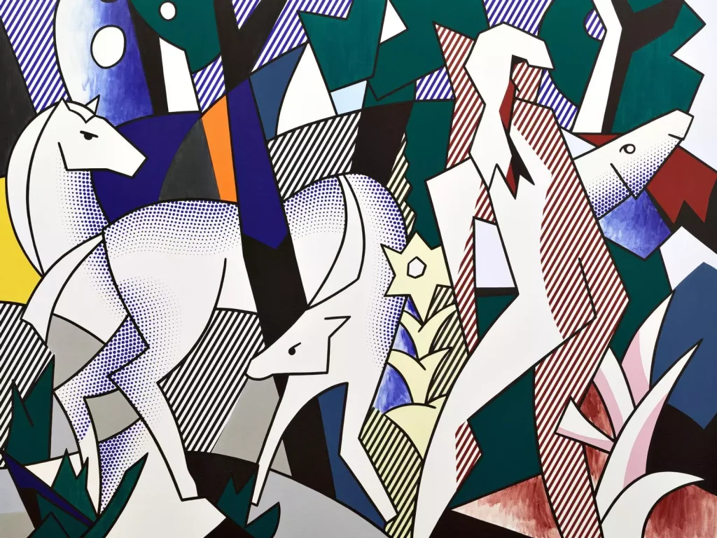 Roy Lichtenstein, Gemaelde mit stilisierten weissen Hirschen in kubistisch-geometrischer Waldlandschaft, Pop-Art-Raster