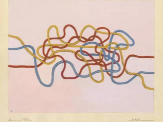 Anni Albers, Knot, 1947: drei ineinander verschlungene Linien in Rot, Gelb und Blau auf hellem Grund, Gouache