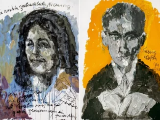 Armin Mueller-Stahl, zwei expressiv gemalte Portraits: Susan Sontag (blau) und Franz Kafka (gelb), 2020