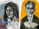 Armin Mueller-Stahl, zwei expressiv gemalte Portraits: Susan Sontag (blau) und Franz Kafka (gelb), 2020