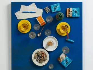 Assemblage auf blauem Untergrund: Kaffeetassen, Gläser, Aschenbecher und Zigarettenschachteln als Tischstillleben