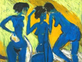 Walter Becker, Trio 3, 1968: drei blaue Aktfiguren vor gelbgruenem Hintergrund, expressives Gemaelde