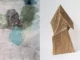 Zweiteilige Werkschau: abstrakte Mischtechnik mit Hausform in Blau-Grün links, geometrische Holzskulptur rechts