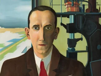 Carl Grossberg, Selbstbildnis, 1928: Ölgemälde, Halbporträt vor Industriekulisse und geometrischer Landschaft, Neue Sachlichkeit