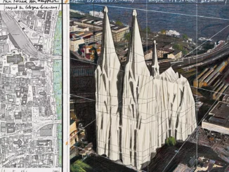 Christo, Collage: verhüllter Kölner Dom mit handschriftlichen Notizen und Stadtplan, Mixed Media