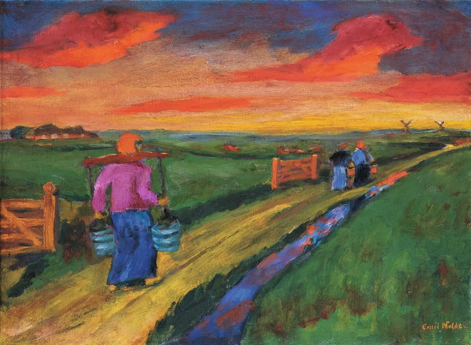 Emil Nolde Ausstellung – Emil Nolde, Gemaelde: Baeuerinnen mit Eimern auf Feldweg, expressiver Abendhimmel in Rot und Orange