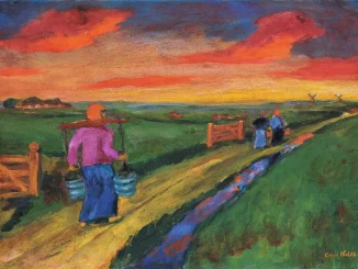 Emil Nolde, Gemaelde: Baeuerinnen mit Eimern auf Feldweg, expressiver Abendhimmel in Rot und Orange