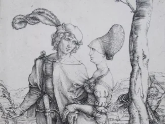 Albrecht Dürer, Das Liebespaar und der Tod, Kupferstich: junges Paar in Landschaft, Tod lauert im Hintergrund