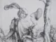 Albrecht Dürer, Das Liebespaar und der Tod, Kupferstich: junges Paar in Landschaft, Tod lauert im Hintergrund