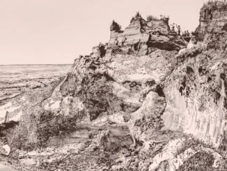 Gerenot Richter, Strandläufer II, 1976: Druckgrafik mit Steilküste, Felsen und Meer, winzige Figuren auf dem Kliff