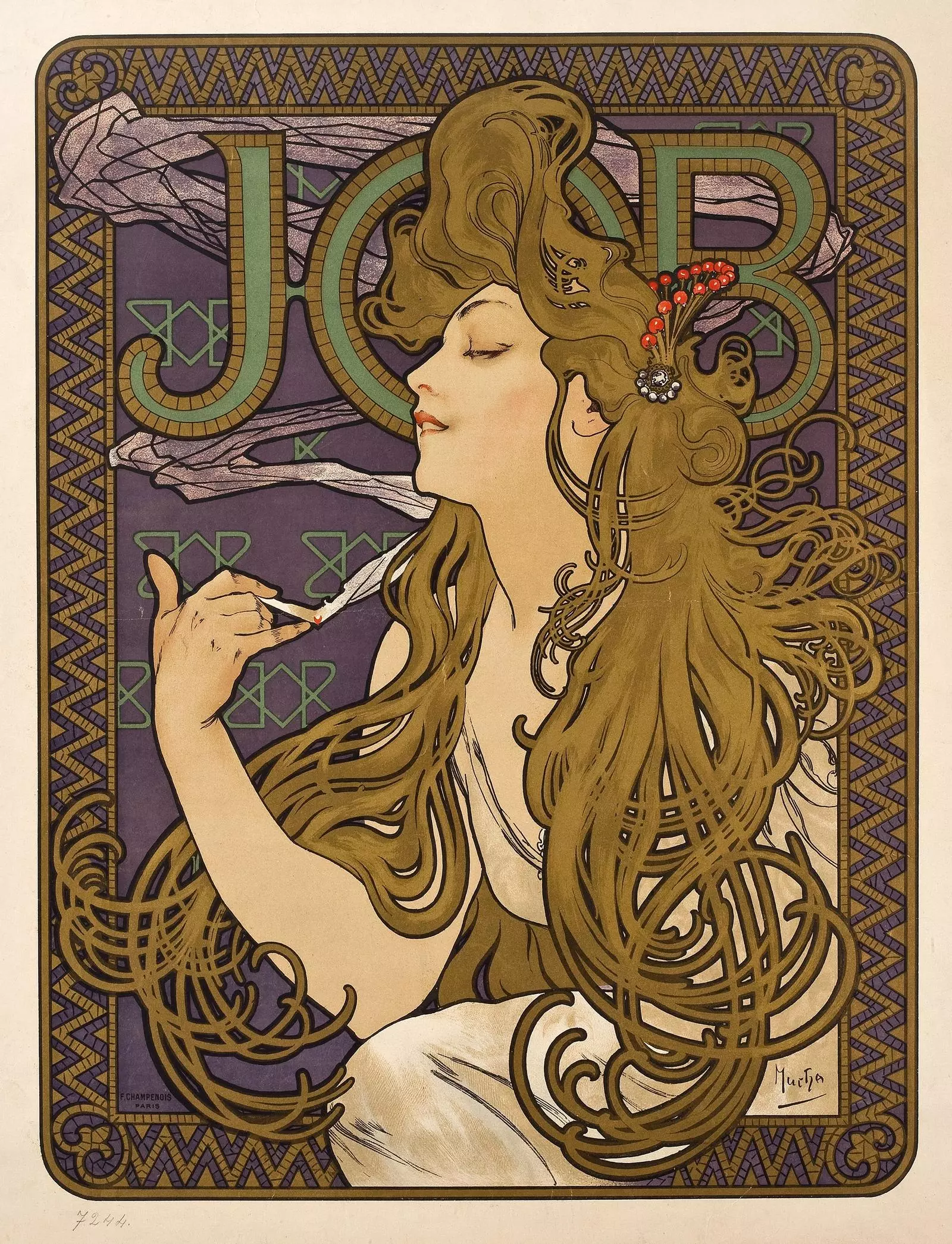 Haar Macht Lust München – Alphonse Mucha, JOB-Plakat: Jugendstil-Lithografie, Frauenprofil mit wallendem Haar und Zigarette, Schriftzug JOB
