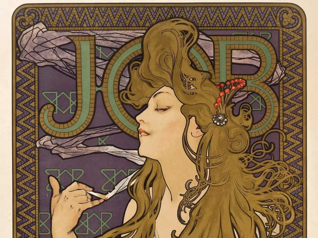 Alphonse Mucha, JOB-Plakat: Jugendstil-Lithografie, Frauenprofil mit wallendem Haar und Zigarette, Schriftzug JOB