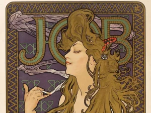 Alphonse Mucha, JOB-Plakat: Jugendstil-Lithografie, Frauenprofil mit wallendem Haar und Zigarette, Schriftzug JOB