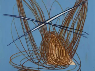 Hans Hartung, T1945-1: gestische Linienbuendel in Braun auf blauem Grund, durchzogen von zwei diagonalen dunkelblauen Strichen