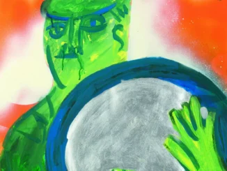HAP Grieshaber, Selbstbildnis im Spiegel: grün gemalte Figur hält runden Spiegel, Skizze in Gouache