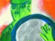HAP Grieshaber, Selbstbildnis im Spiegel: grün gemalte Figur hält runden Spiegel, Skizze in Gouache