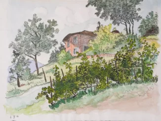 Hermann Hesse, Haus in Montagnola, 1933: Aquarell mit Federzeichnung, rotes Haus inmitten üppiger Vegetation