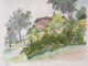 Hermann Hesse, Haus in Montagnola, 1933: Aquarell mit Federzeichnung, rotes Haus inmitten üppiger Vegetation