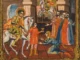 Griechische Ikone, 1806: Heiliger Georg zu Pferd mit Heiligenschein übergibt einen Knaben an kniende Figuren, Tempera auf Holz