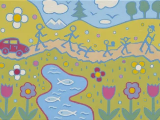 Jean-Frédéric Schnyder, La pittura: naives Gemaelde mit Strichfiguren, Blumen, Bach und Landschaft in Pastellfarben