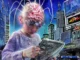 Digitale Illustration: Kind mit freiliegendem Gehirn und Kabeln haelt Tablet, staedtische Medienkulisse