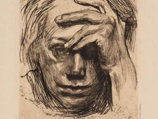 Käthe Kollwitz, Radierung: Gesicht einer Frau, von einer Hand halb verdeckt, expressive Strichführung