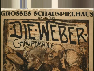 Emil Orlik, Theaterplakat Die Weber, 1921: expressiver Holzschnitt mit aufgebrachter Menschenmenge in Brauntönen