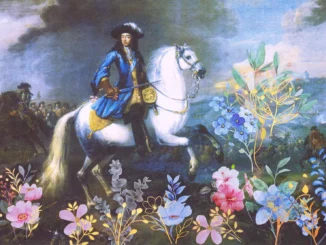 Barockes Reiterportrait mit aufgemalten Blumen: Adeliger auf weissem Pferd, ueberlagert von bunten Blumenmotiven