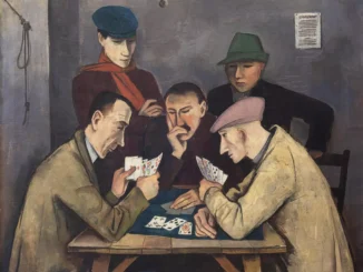 Figuratives Oelgemaelde: Fuenf Maenner beim Kartenspiel an einem Tisch, gedaempfte Erdtoene