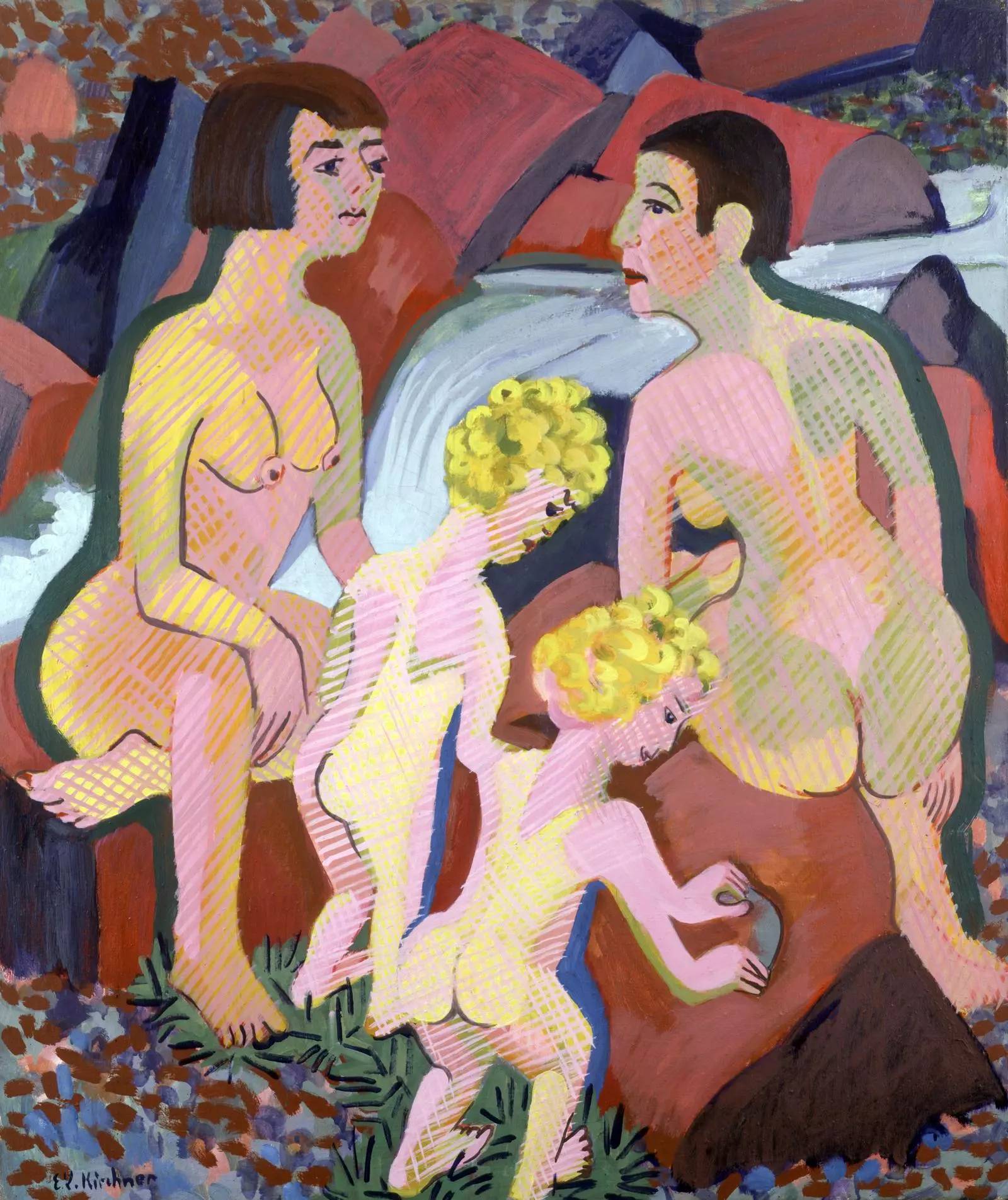 Kirchner Galerie Bern – Ernst Ludwig Kirchner, Badende Frauen und Kinder, 1925: zwei weibliche Akte mit Kindern, expressionistisches Gemaelde in Gelb- und Rottönen