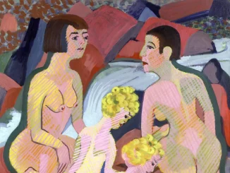 Ernst Ludwig Kirchner, Badende Frauen und Kinder, 1925: zwei weibliche Akte mit Kindern, expressionistisches Gemaelde in Gelb- und Rottönen