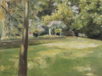 Impressionistisches Ölgemälde: sonniger Gartenpark mit Baumstamm, grüner Rasenfläche und blühendem Strauch