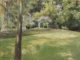 Impressionistisches Ölgemälde: sonniger Gartenpark mit Baumstamm, grüner Rasenfläche und blühendem Strauch