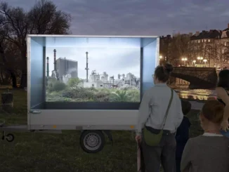 Mobile Outdoor-Installation auf Anhaenger zeigt beleuchtetes Industriepanorama; Besucher betrachten das Werk im Abenddunkel an der Isar