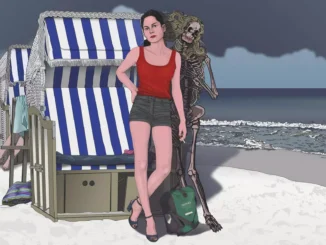 Jörg Wachtel, Am Strand: Illustration einer Frau mit Skelett vor Strandkorb am Meer, digitale Zeichnung
