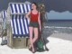 Jörg Wachtel, Am Strand: Illustration einer Frau mit Skelett vor Strandkorb am Meer, digitale Zeichnung