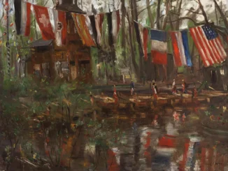 Lovis Corinth, Neuer See im Tiergarten, 1903: Ölgemälde mit Booten, Flaggenkette und Figuren am bewaldeten Ufer