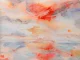 Abstraktes Aquarell mit atmosphaerischer Landschaft in Orange-, Rot- und Blautonen, expressiver Farbauftrag