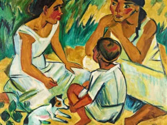 Expressionistisches Ölgemälde: drei Figuren und ein Hund im Freien, lebhafte Gelb- und Grüntöne
