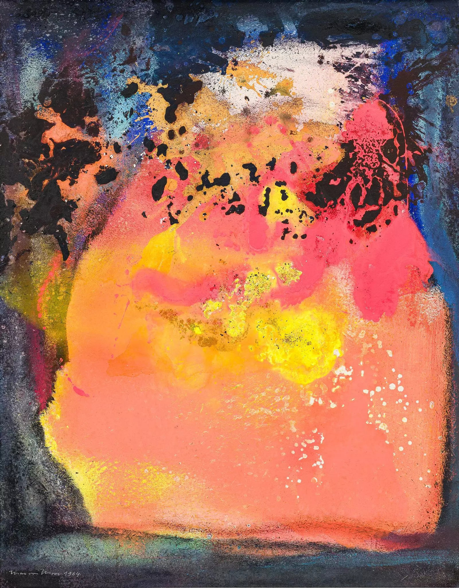 Max von Moos Zug – Abstraktes Gemälde in leuchtendem Orange, Pink und Gelb mit schwarzen Farbspritzern, expressiv-gestisch