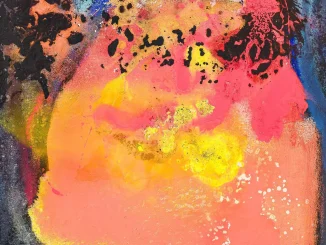 Max von Moos Zug – Abstraktes Gemälde in leuchtendem Orange, Pink und Gelb mit schwarzen Farbspritzern, expressiv-gestisch