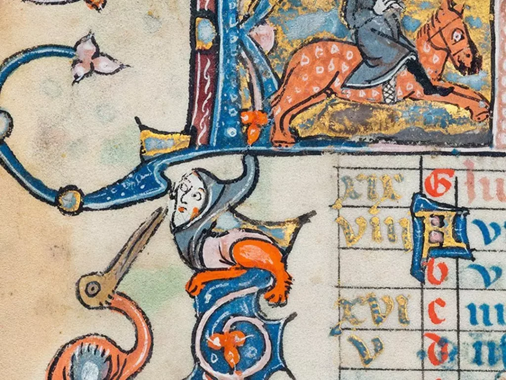 Mittelalterliche Buchmalerei: Rankeninitiale mit Akrobatenfigur, Ritter zu Pferd und Kalenderseite in Blau und Orange