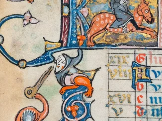 Mittelalterliche Buchmalerei: Rankeninitiale mit Akrobatenfigur, Ritter zu Pferd und Kalenderseite in Blau und Orange